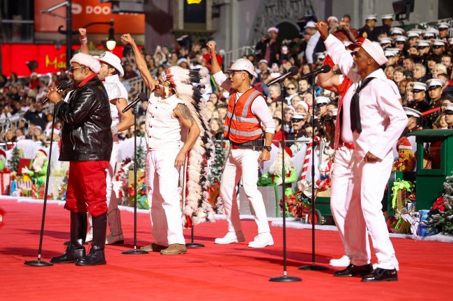 HOLLYWOOD, CALIFORNIA - NOVEMBER 26: Members of Village People including Nicholas Manelick, James Kwong, Javier Perez, Victor Willis, Jeffrey James Lippold, and James Logan perform during the 91st anniversary of the Hollywood Christmas Parade, supporting Marine Toys For Tots on November 26, 2023 in Hollywood, California.