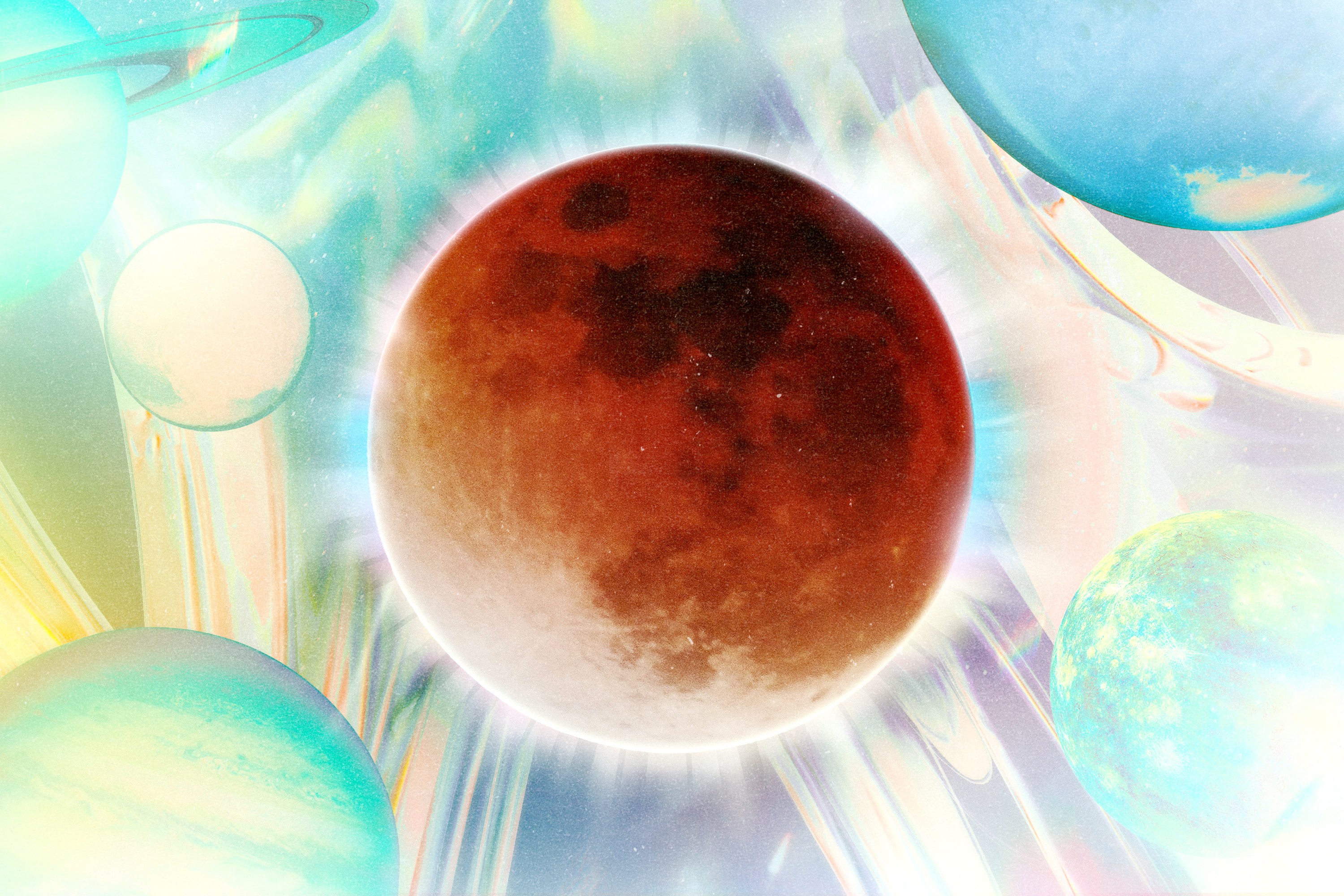 A total lunar eclipse and full moon in front of a cosmic backdrop with other planets and celestial bodies included. in blue hues