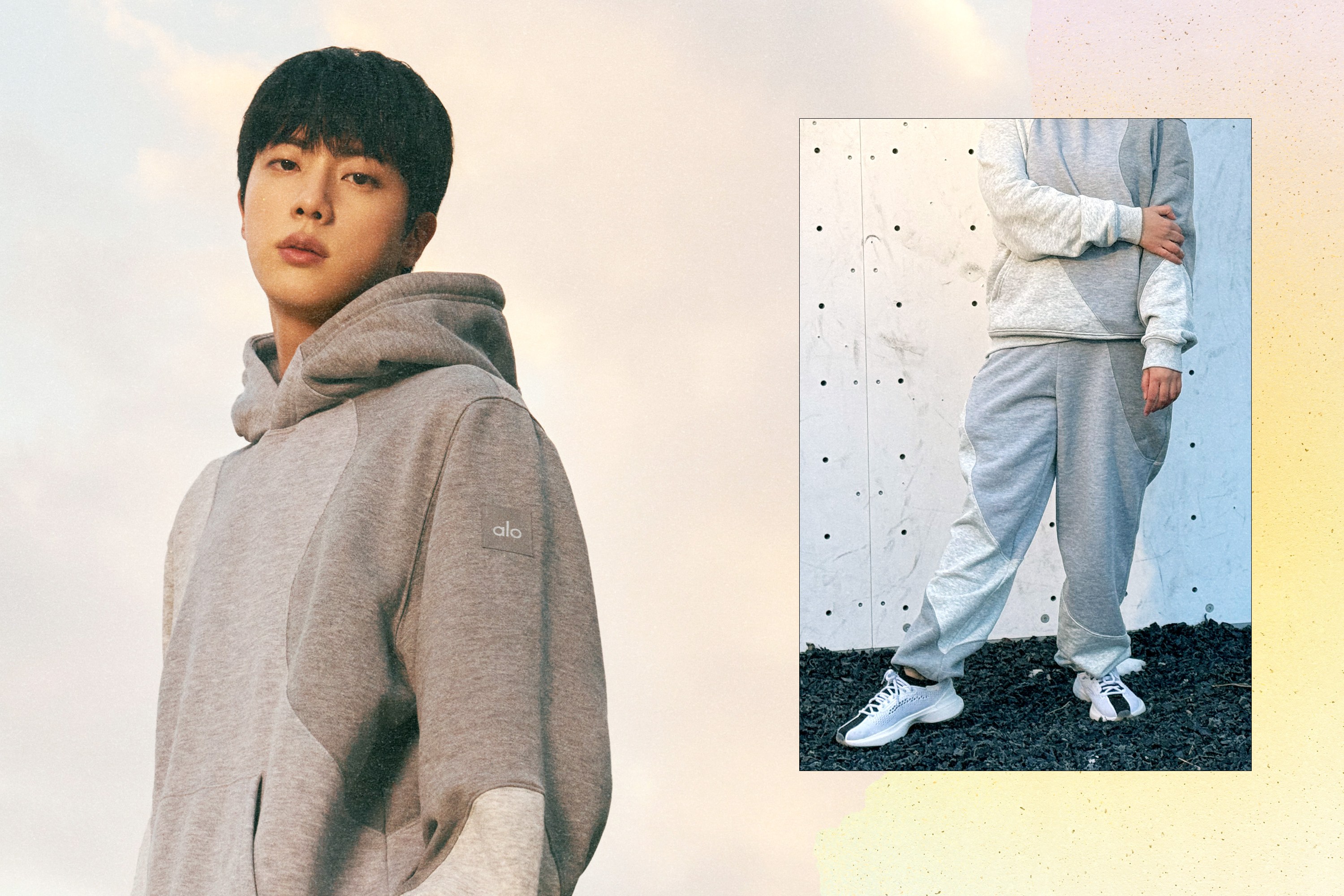 Left: Jin from BTS wearing a grey hoodie from his campaign with Alo Yoga; Right: Lea wearing a matching grey hoodie and sweatpant set from the Alo Yoga x Jin campaign