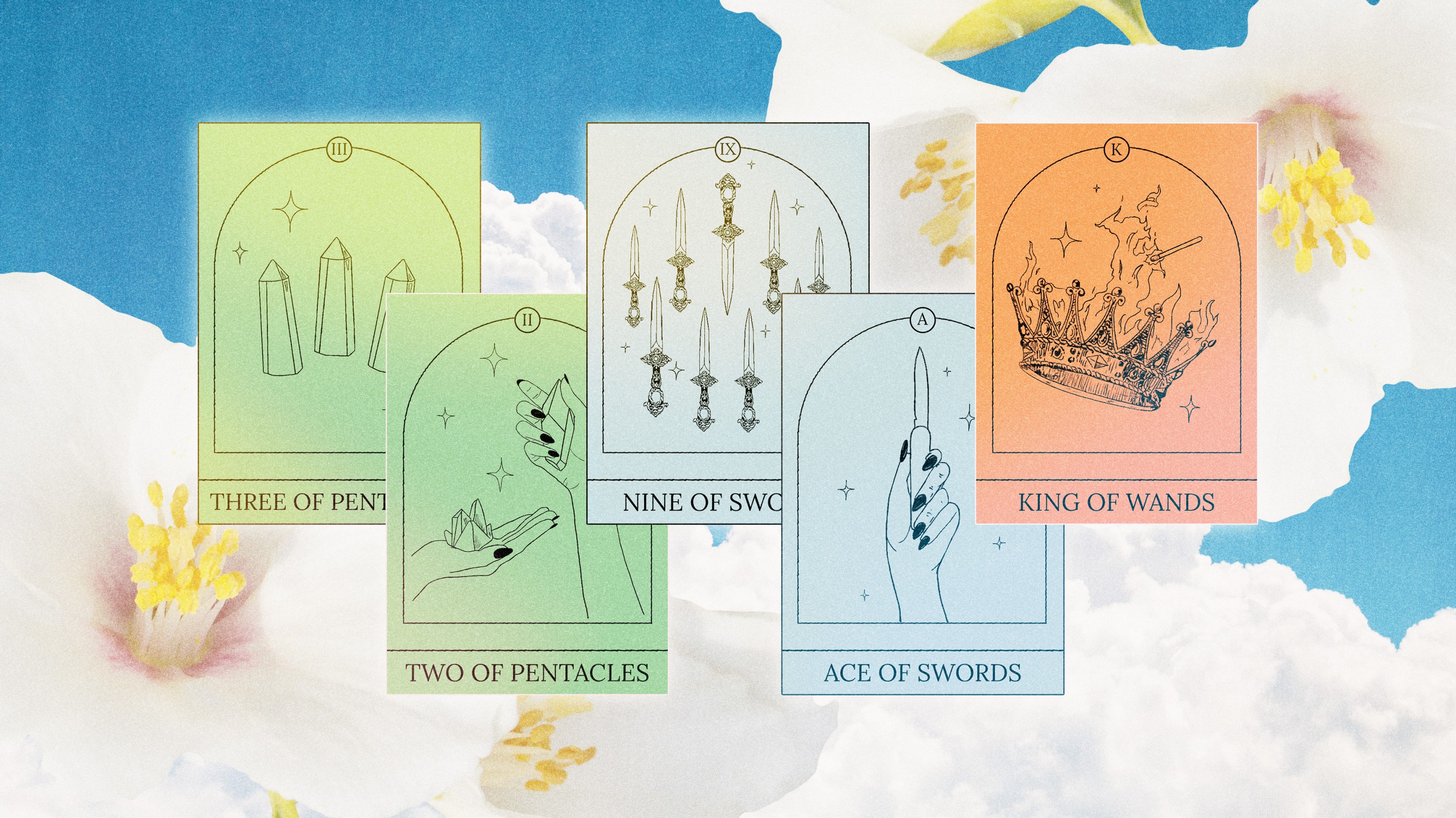 A series of Tarot cards over a springtime backdrop.