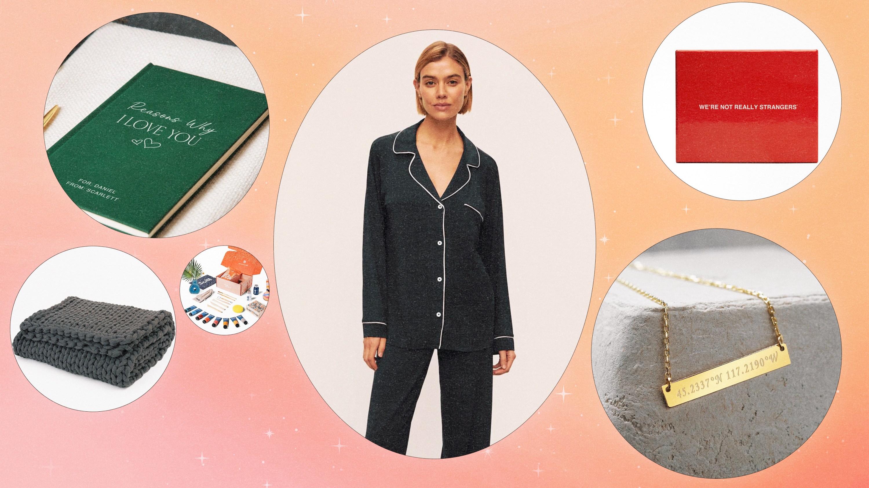 A collage of various gifts, including pajamas, a card game, a necklace, and a weighted blanket.
