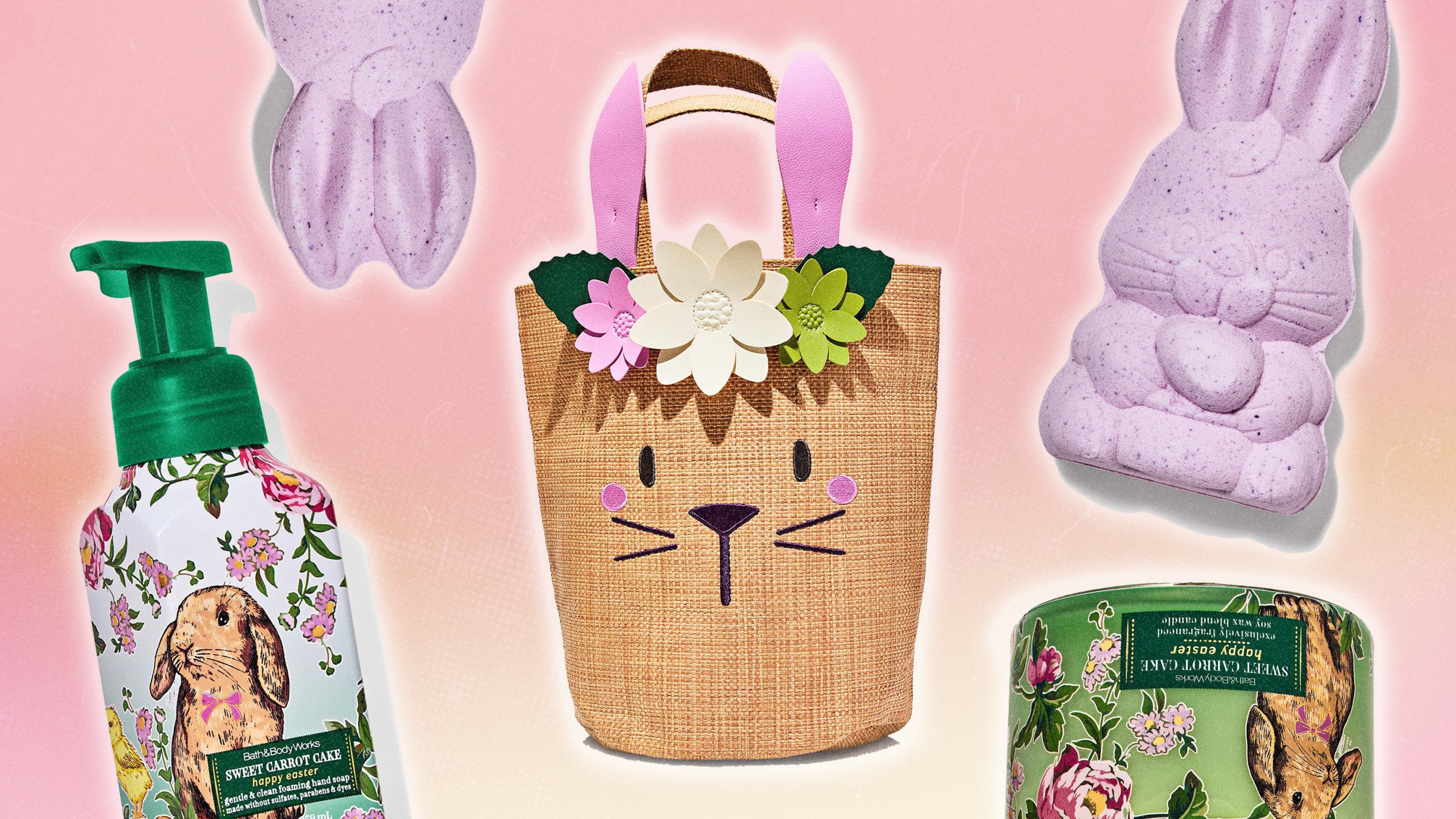 Bath & Body Works Easter 2025 Collection - purple bunny-shaped bath bombs, a canvas bunny tote bag, a hand soap with bunnies and flowers on it, and a candle with bunnies and flowers on it.