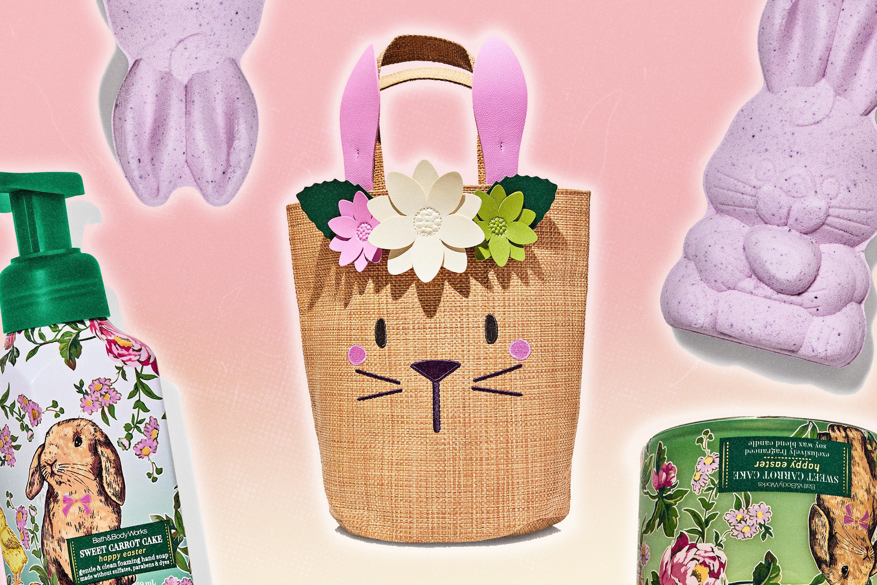 Bath & Body Works Easter 2025 Collection - purple bunny-shaped bath bombs, a canvas bunny tote bag, a hand soap with bunnies and flowers on it, and a candle with bunnies and flowers on it.