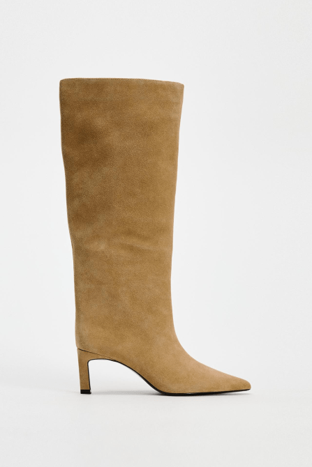 Zara Split Leather Heeled Boots in dark tan colorway