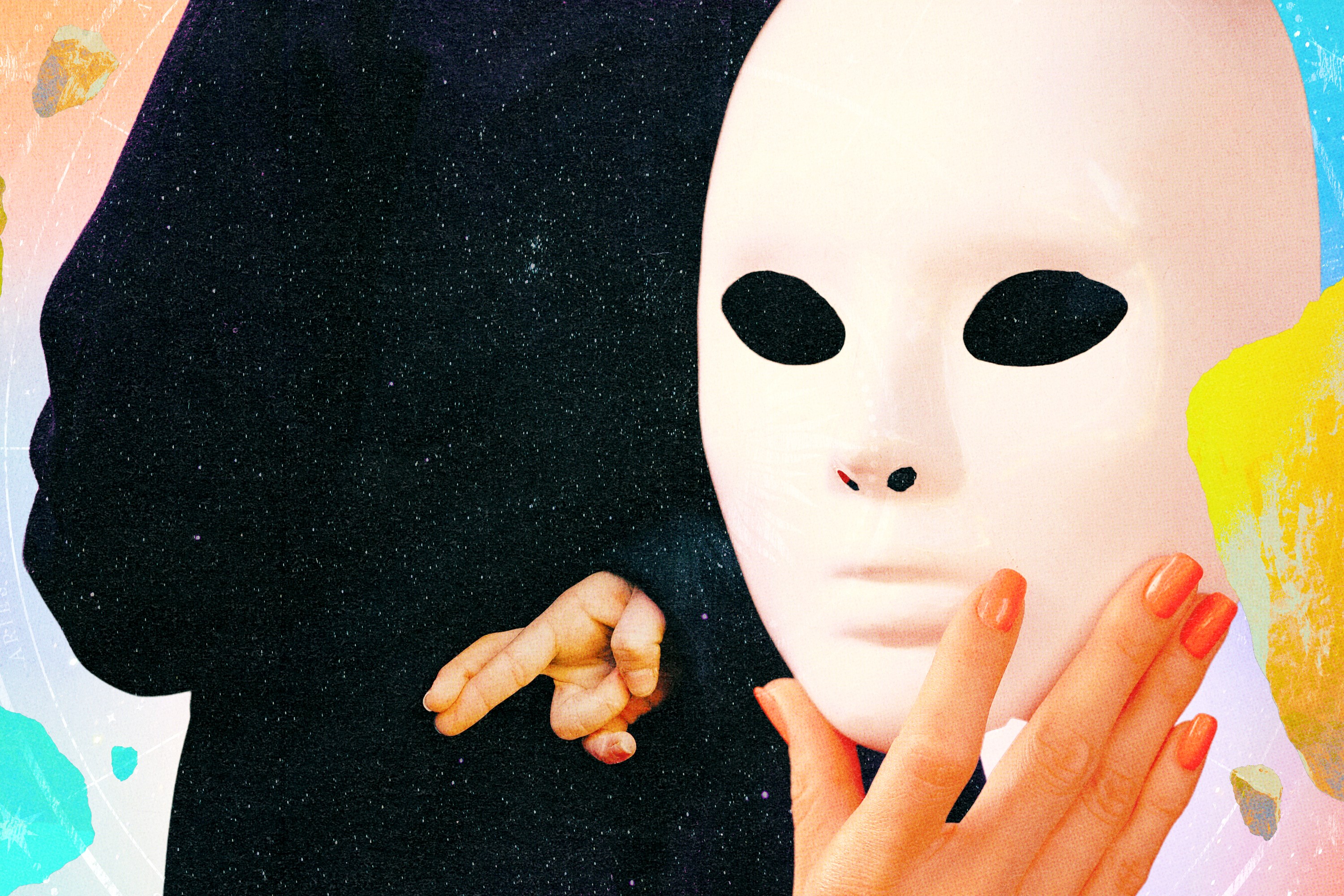 A mask and a person crossing their fingers behind their back