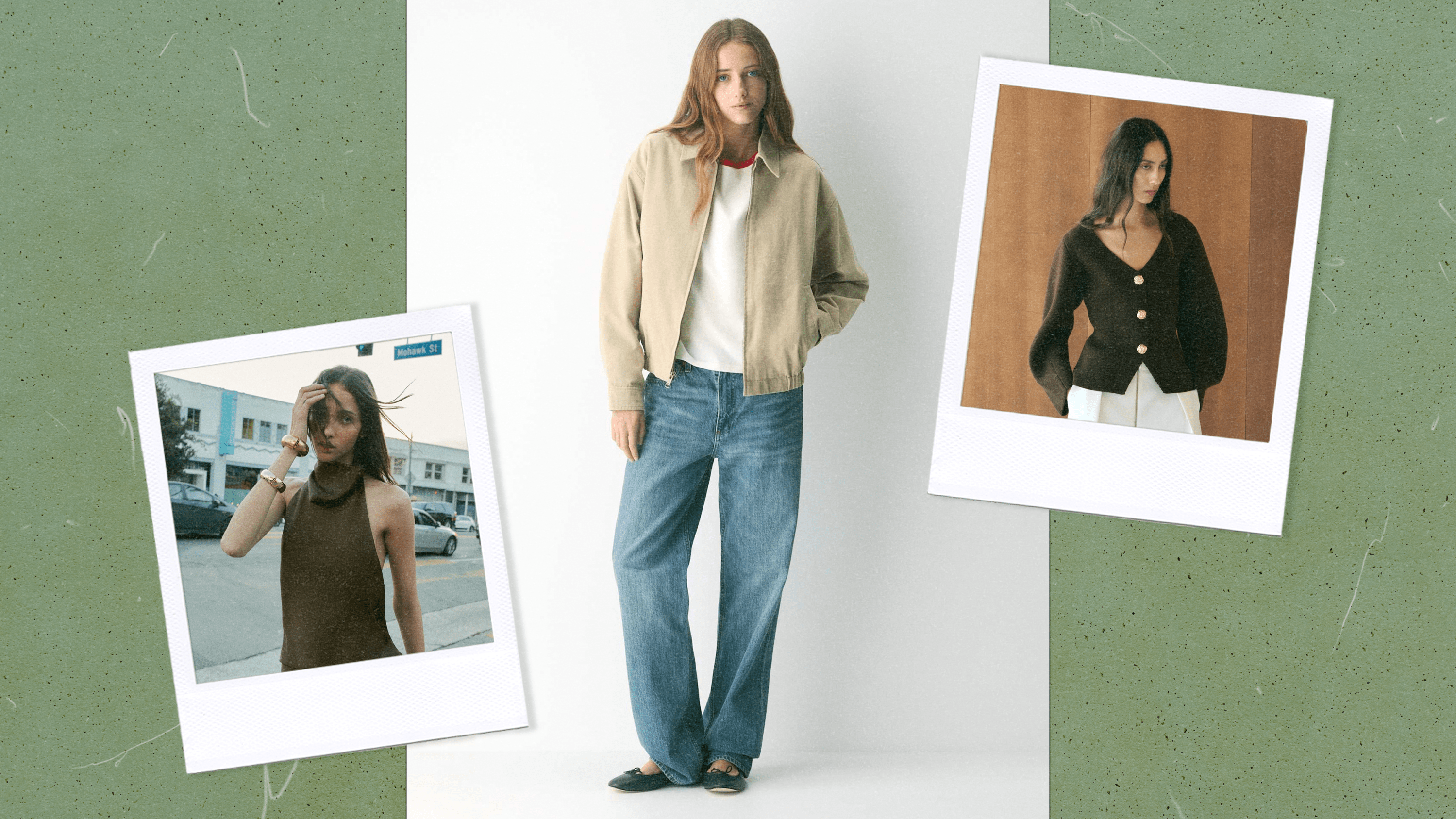 Left to Right: a Zara model wearing a brown halterneck top; an Aritzia model wearing a beige, collared, unzipped jacket and blue jeans; a Mango model wearing a dark brown knit jacket with gold buttons.