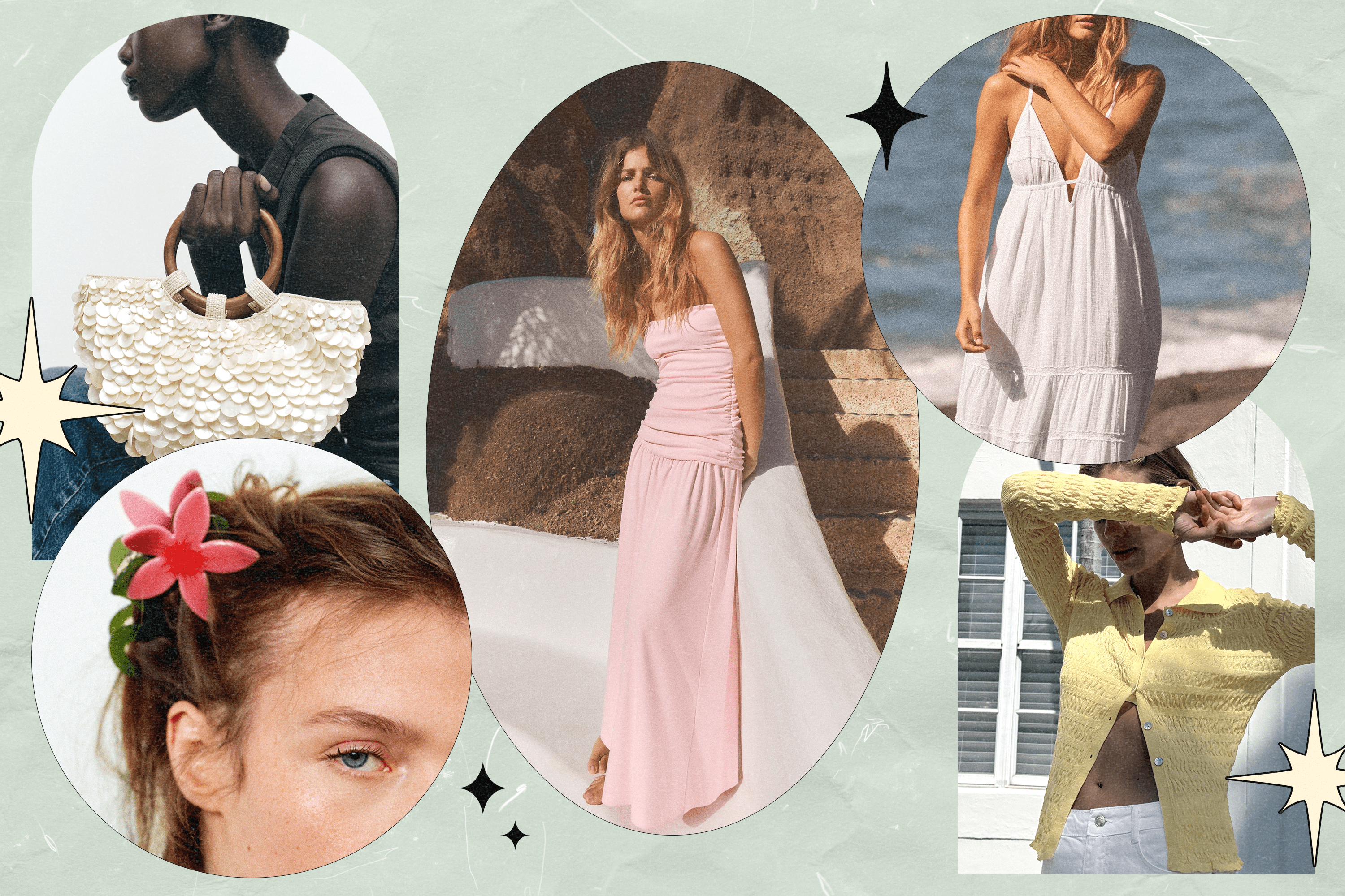 Five models wearing clothing and accessories from Zara's spring collection