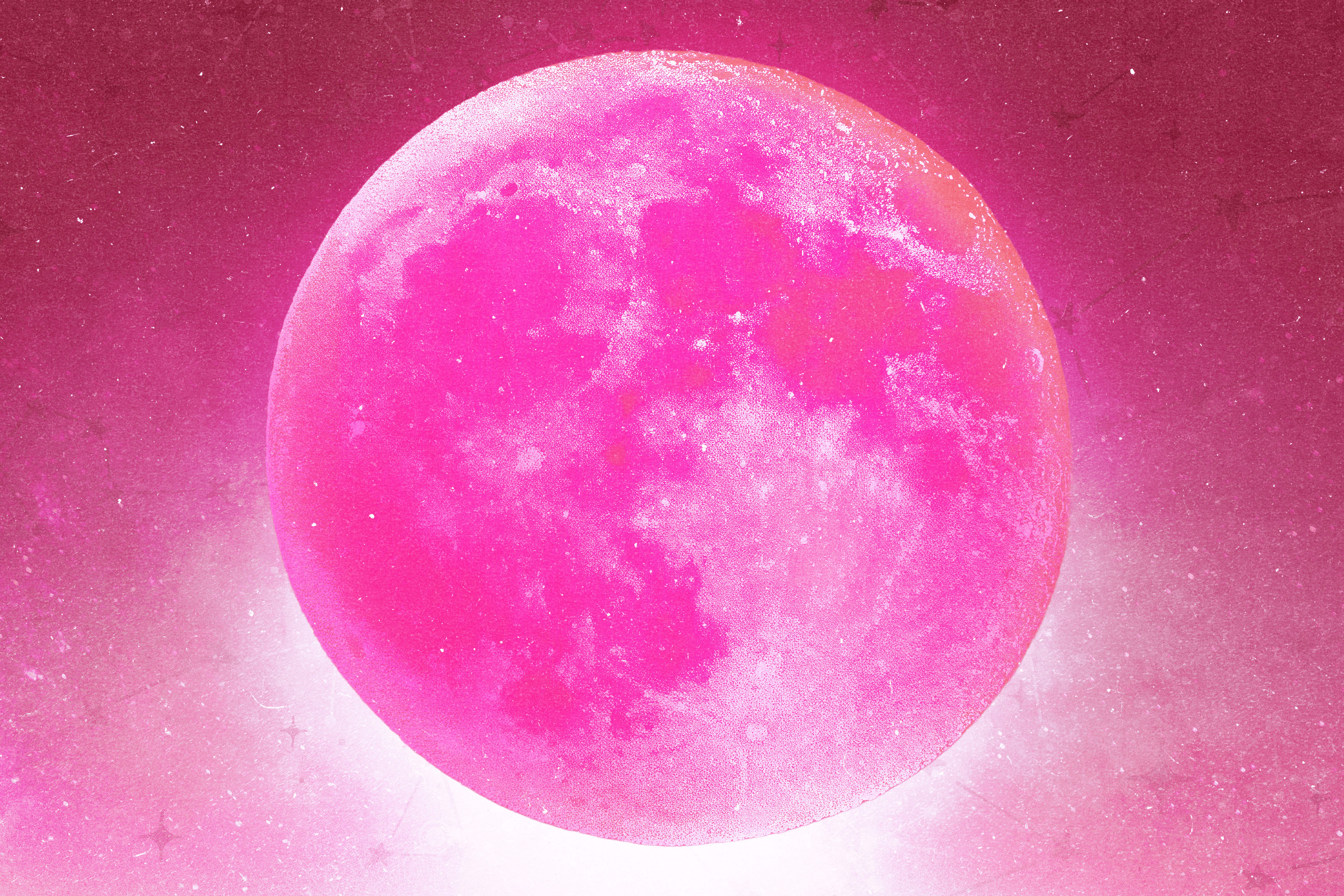 A full bright pink moon over a dark pink cosmic background with twinkling stars