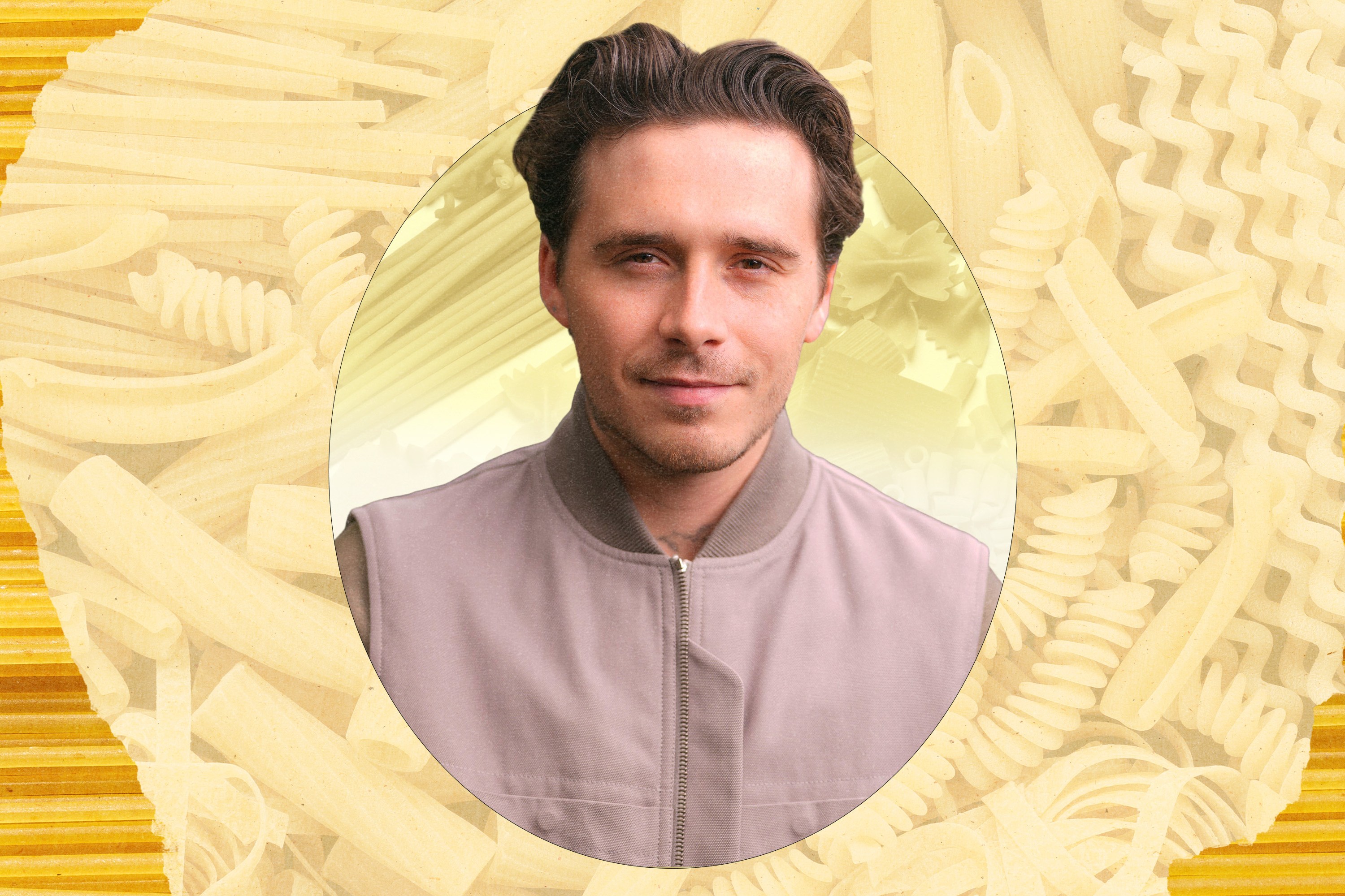 Brooklyn Beckham against a background of pasta