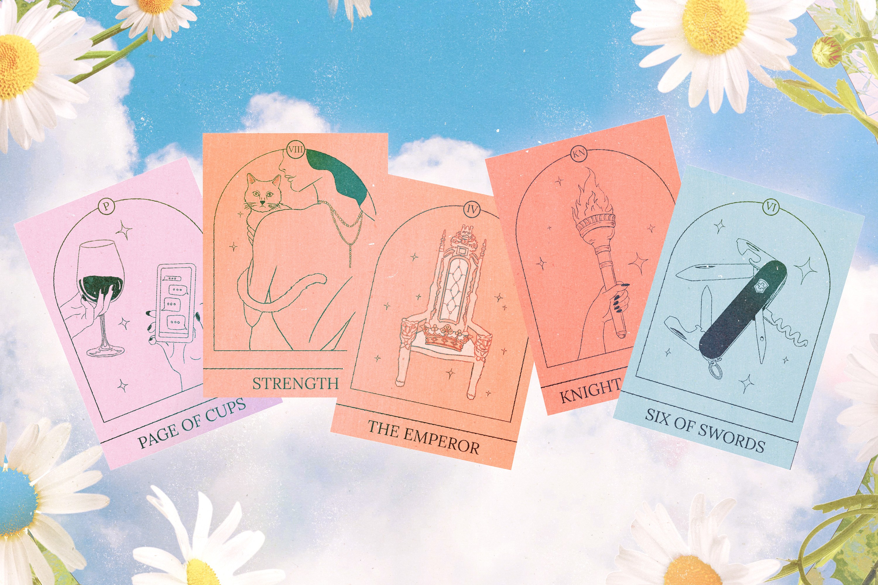 A series of Tarot cards over a blue sky background framed by white daisies