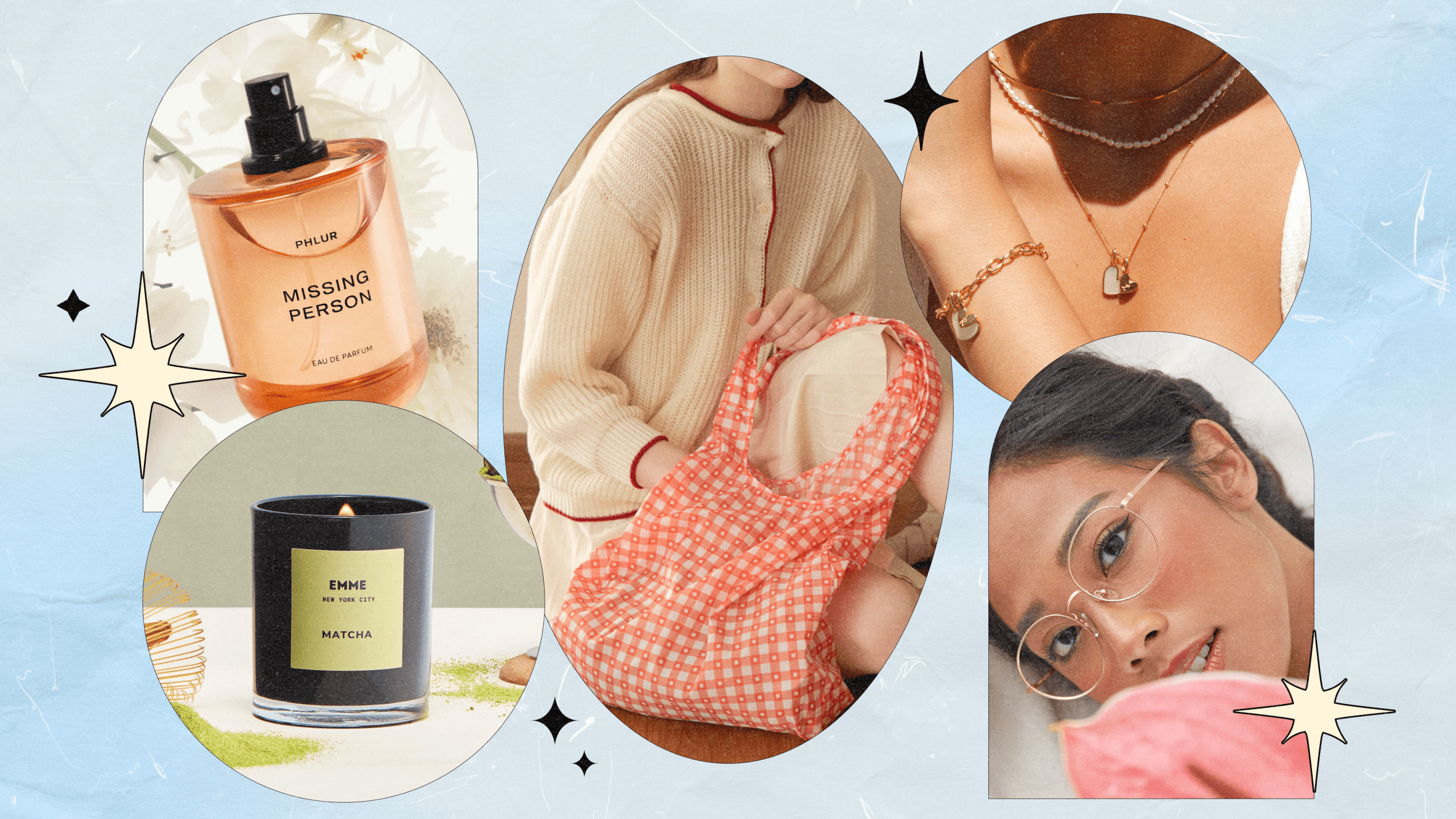 PHLUR Missing Person perfume bottle; EMME Matcha Cande; a model sitting and holding the Good Totes Reusable Egg Bag in Red Gingham; a model wearing a Rellery heart necklace and matching bracelet; a model wearing COVRY rose gold glasses.