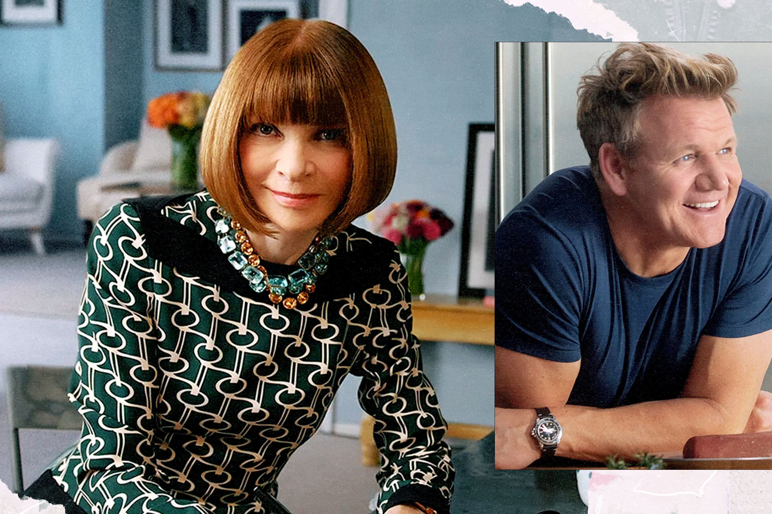 Left: Anna Wintour sitting in an office for MasterClass; Right: Gordon Ramsay in a kitchen for MasterClass.