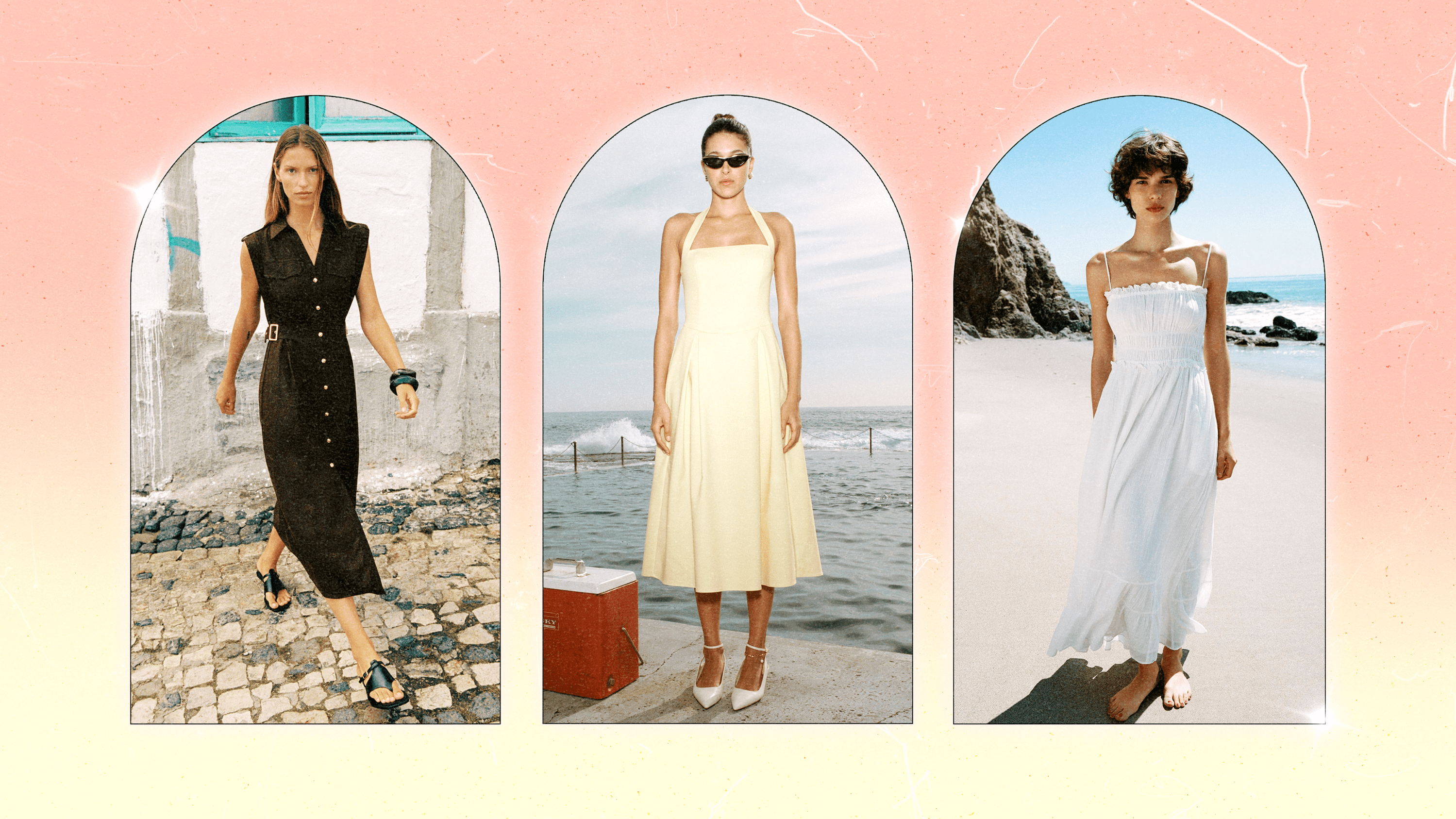 Left to Right: a Zara model wearing a brown sleeveless midi dress; a Meshki model wearing a butter yellow halter midi dress; a Zara model wearing a white, flowy, maxi dress.