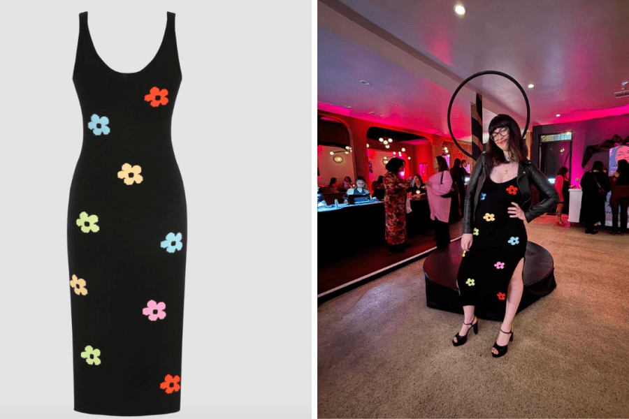 Gina is wearing Cider's Knit Floral Midi Dress in Black