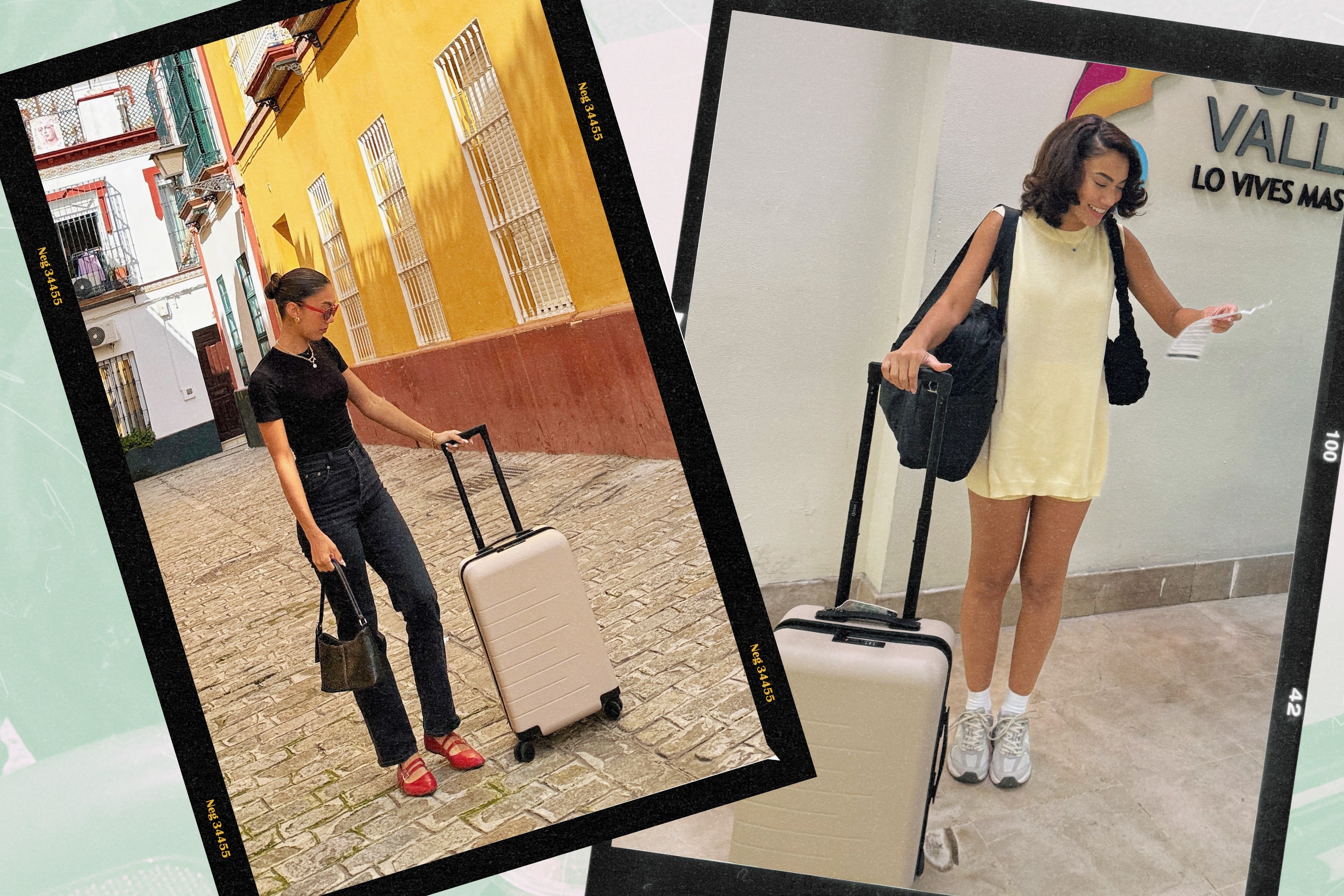 Two photos of writer Jenzia Burgos standing with Quince's Small Carry-On Suitcase in Tan