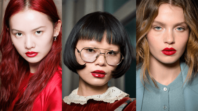 Models wearing red lipstick.