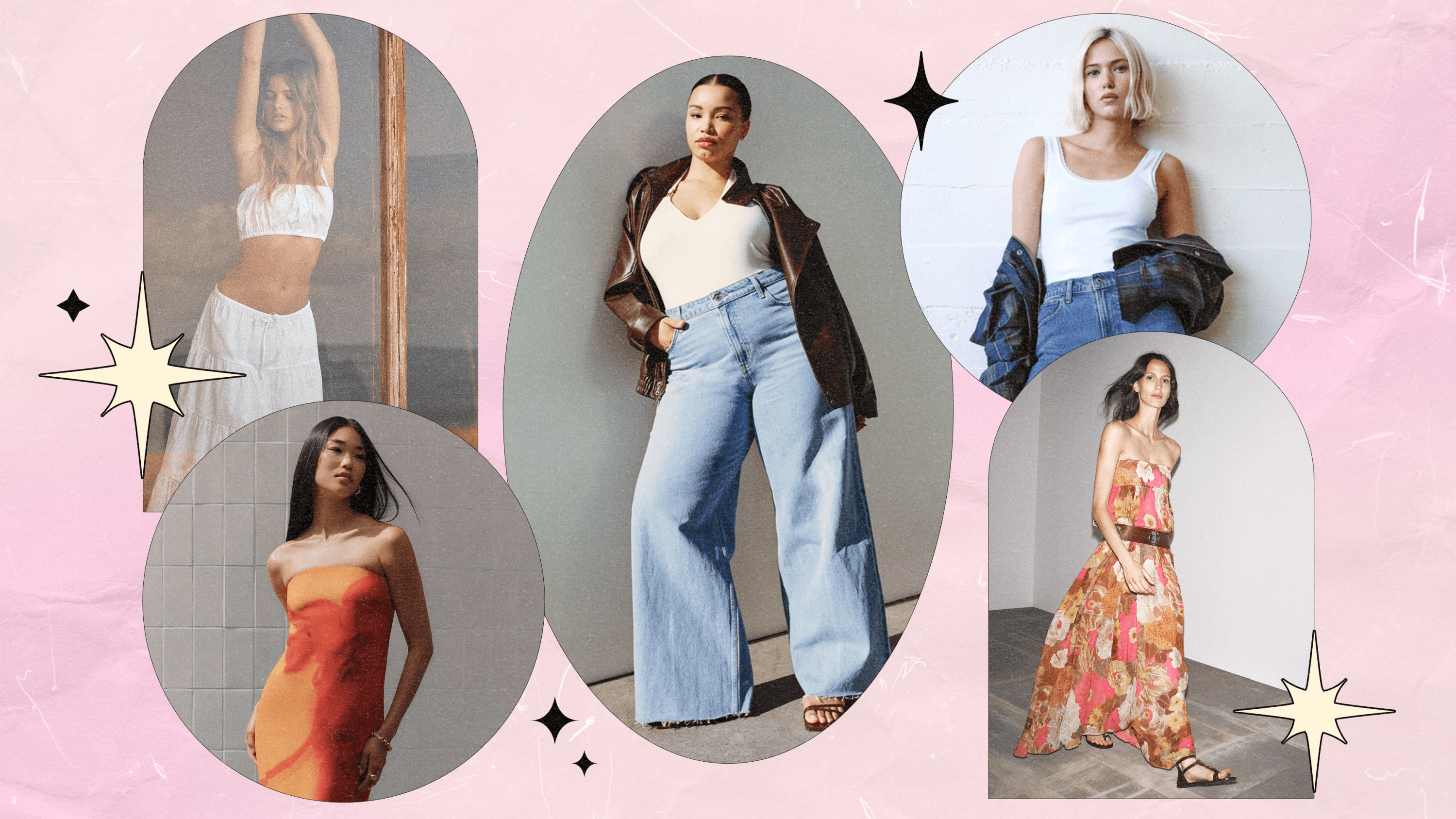 Five models from Zara, Meshki, and Abercrombie & Fitch.