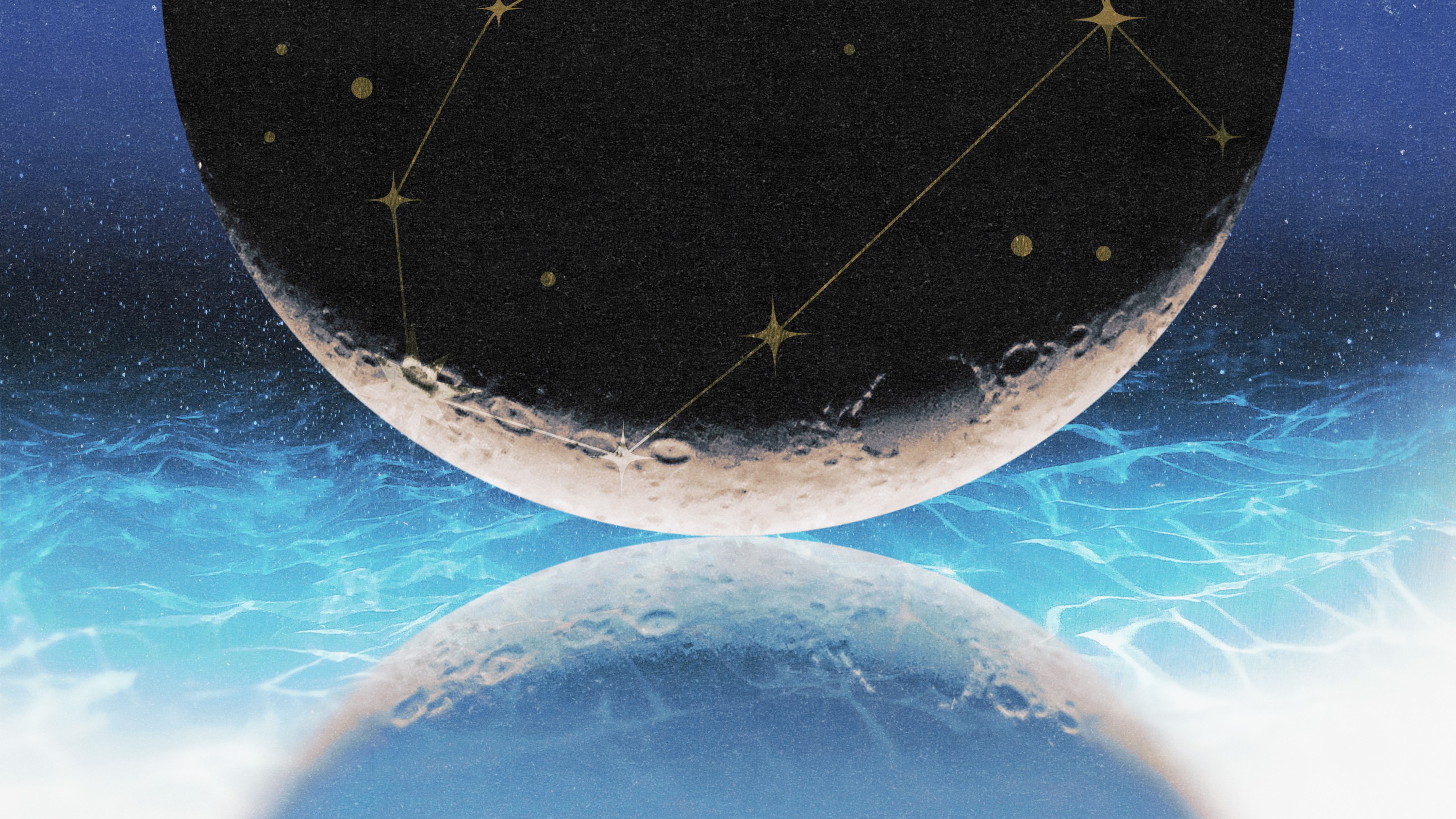 A new moon in Gemini reflected in a pool of water.