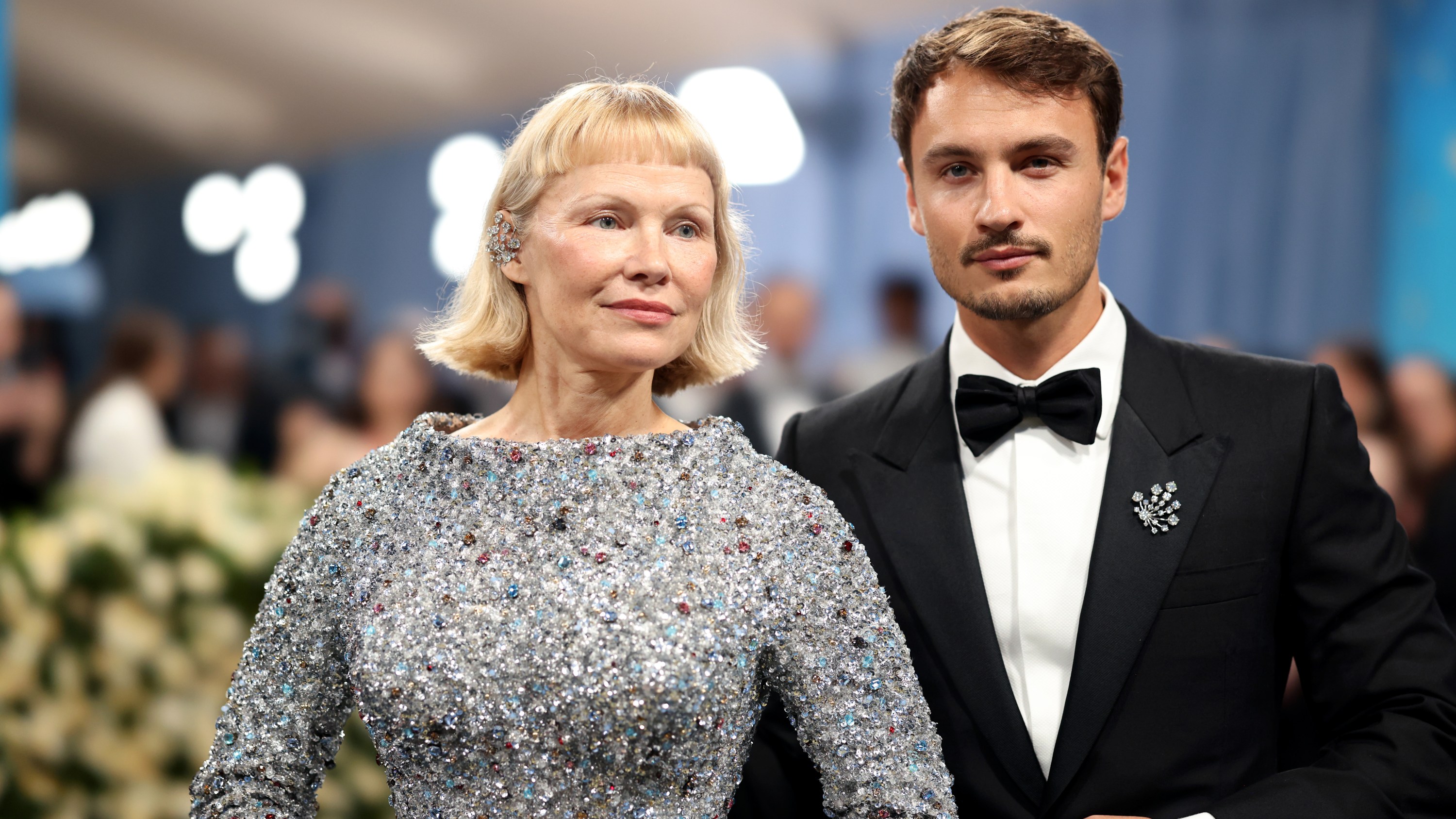 NEW YORK, NEW YORK - MAY 05: (L-R) Pamela Anderson and Brandon Thomas Lee attend the 2025 Met Gala Celebrating "Superfine: Tailoring Black Style" at Metropolitan Museum of Art on May 05, 2025 in New York City.  (Photo by John Shearer/WireImage)