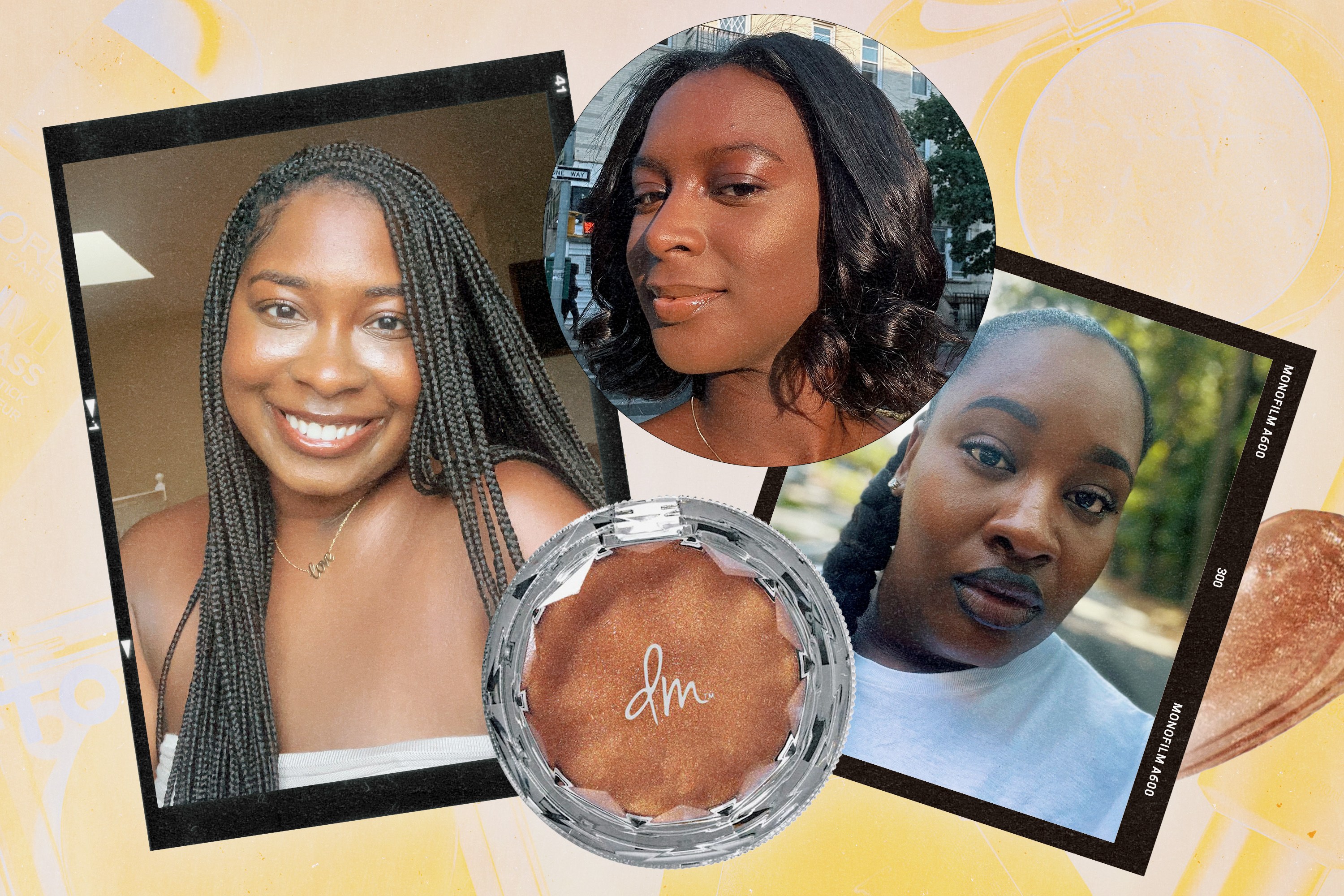 Bria, Kimberly, and Najeema wearing their favorite highlighters for dark skin tones, alongside highlighters from Tower 28 Beauty, Danessa Myricks Beauty, Charlotte Tilbury, L'Oréal Paris, and Fenty Beauty.