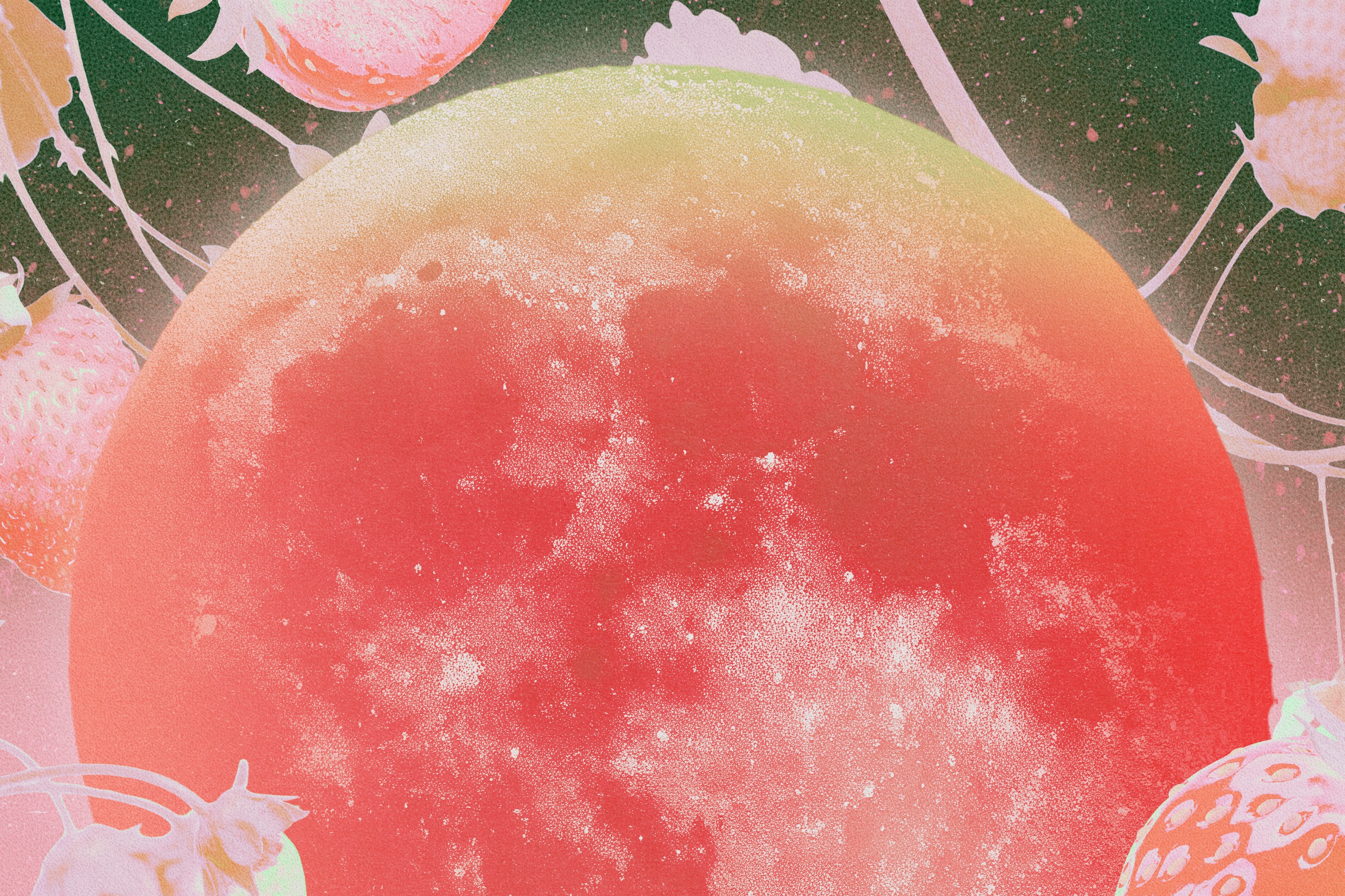 A full moon rising over a sky full of strawberries