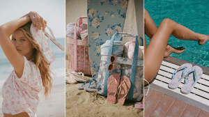 Three campaign shots from the LoveShackFancy x Havaianas Collab, showing models with the pastel-colored, floral-patterned flip-flops