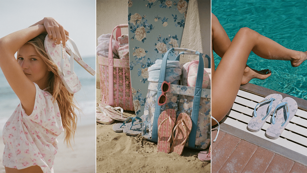 Three campaign shots from the LoveShackFancy x Havaianas Collab, showing models with the pastel-colored, floral-patterned flip-flops