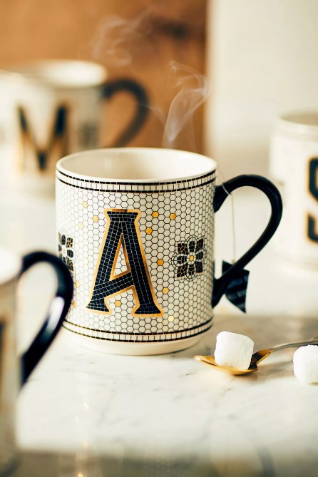 Anthropologie The Bistro Tile Stoneware Mug: Monogram Edition