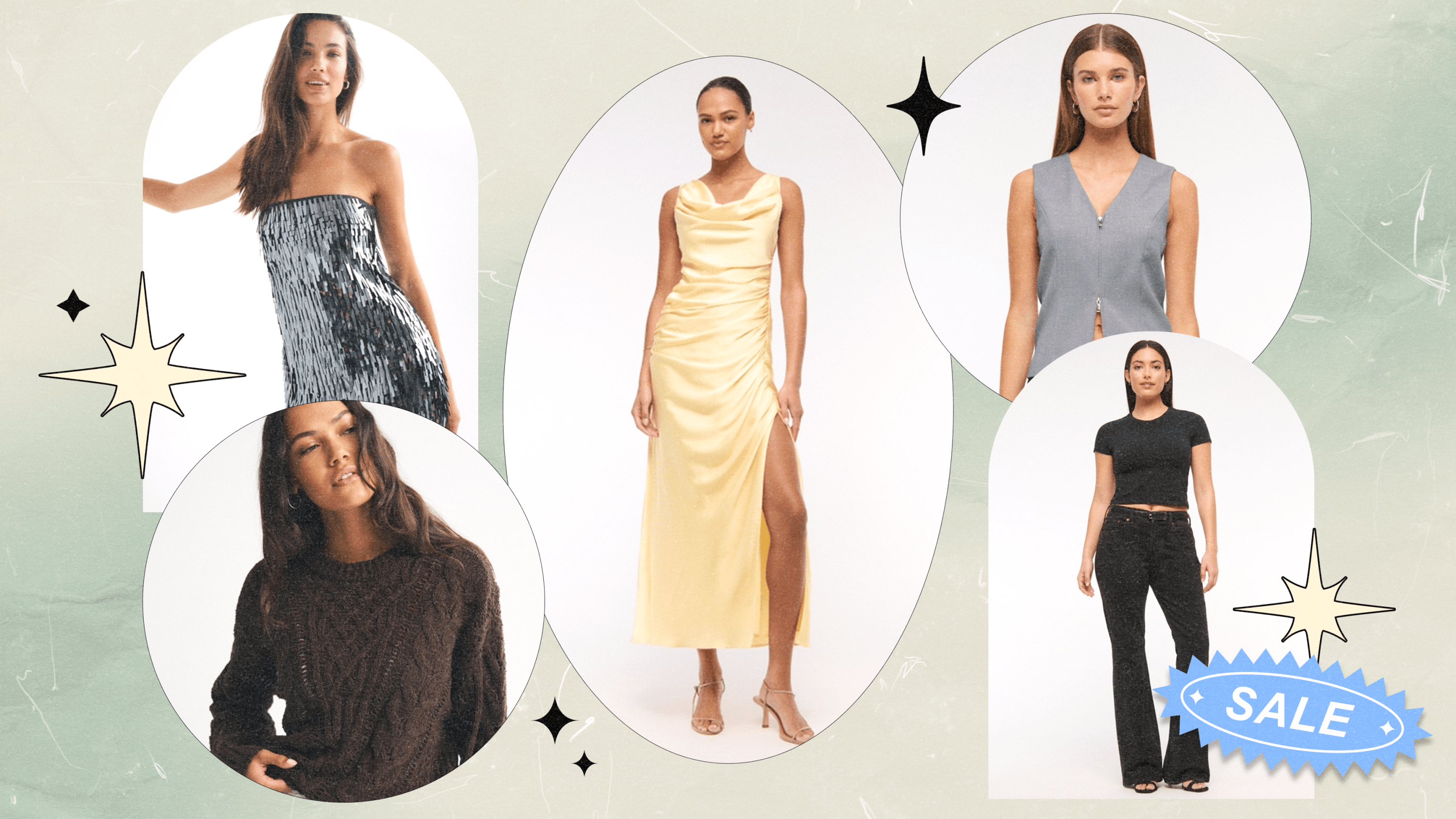 Five Abercrombie models wearing dresses, sweaters, jeans, and vest stops.