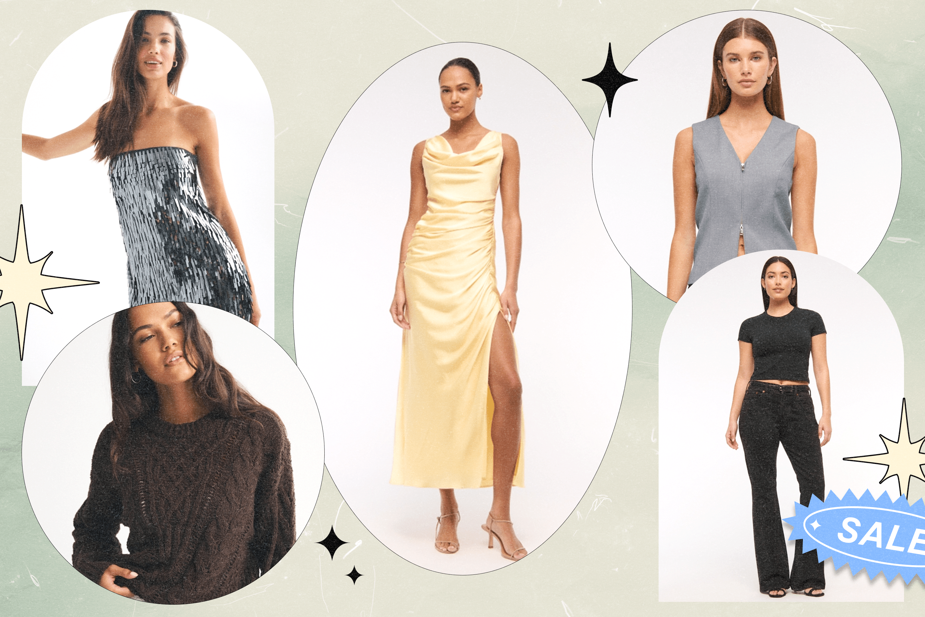 Five Abercrombie models wearing dresses, sweaters, jeans, and vest stops.