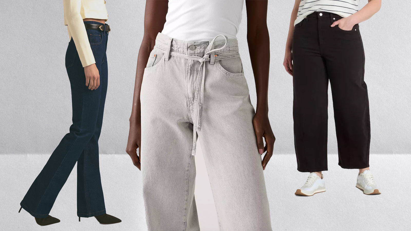 Three models wearing jeans from Favorite Daughter, Levi's, and Target