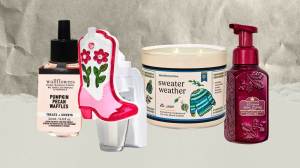 Left to Right: Bath & Body Works wallflower refill; Bath & Body Works wallflowers fragrance plug with a pink and white cowboy boot; Bath & Body works Sweater Weather three-wick candle; Bath & Body Works hand soap in burgundy bottle