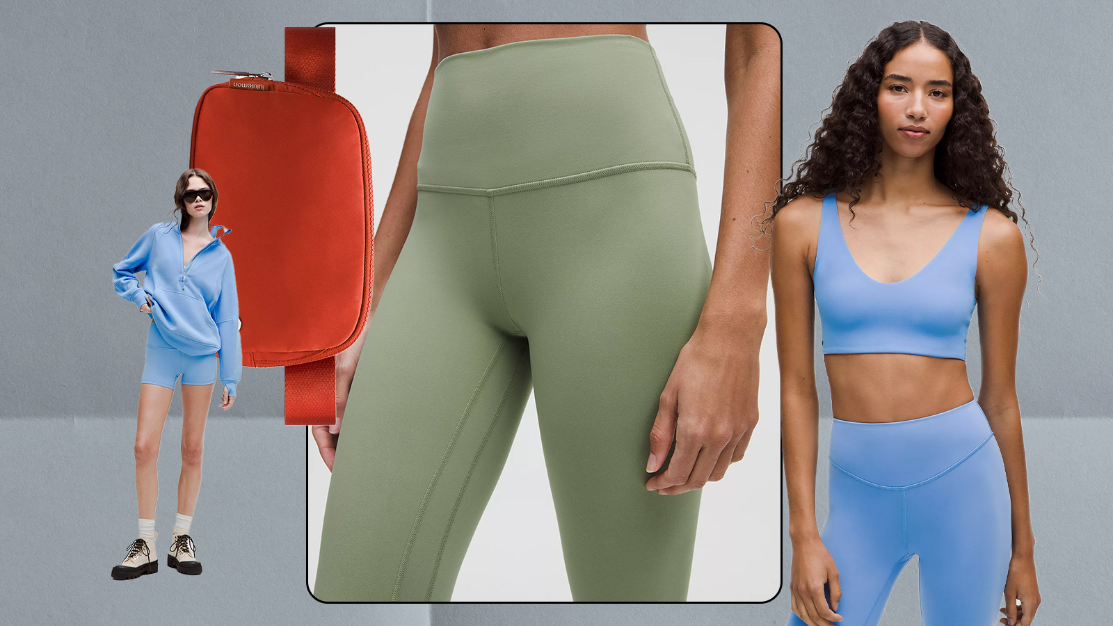 Three models wearing Lululemon activewear and an orange Lululemon belt bag