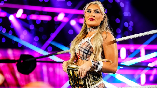 Tiffany Stratton takes ring portrait during Friday night Smackdown at Wells Fargo Arena on May 2, 2025 in Des Moines, Iowa.