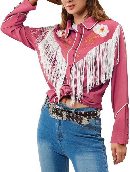 JOHN MOON Floral Embroidered Fringe Western Shirt