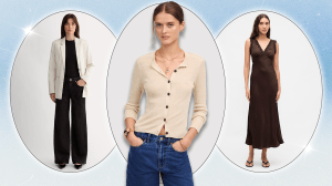 Left to Right: an Everlane model wearing black jeans, a black top, and a white blazer; a Madewell model wearing an off-white linen cardigan and blue jeans; a Gap model wearing a dark brown and black lace trim slip maxi dress.