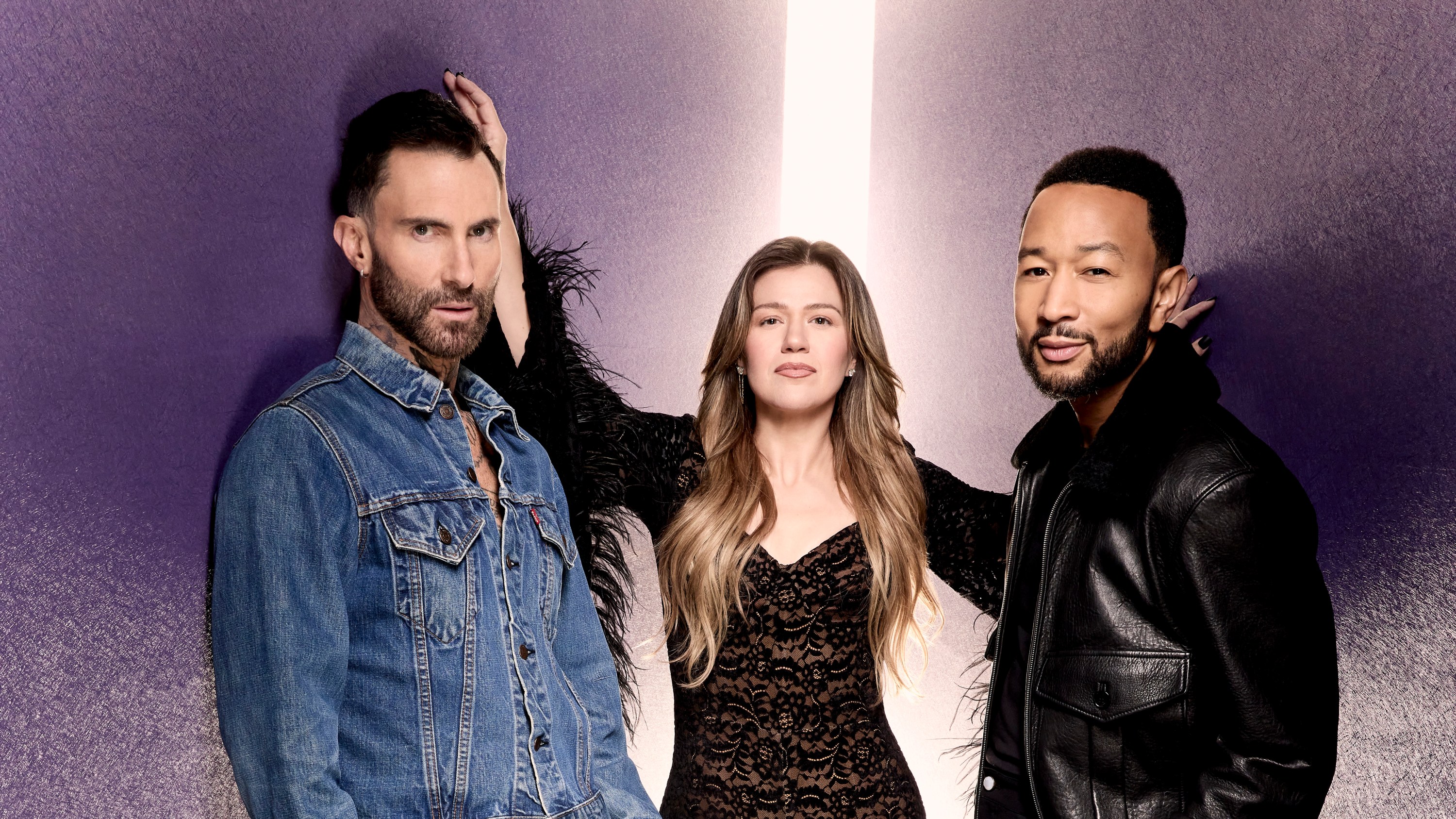 THE VOICE -- Season: 29 -- Pictured: (l-r) Adam Levine, Kelly Clarkson, John Legend