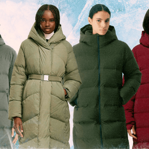 A model wearing a gray Aritzia long puffer coat; a model wearing a light green Canada Goose long puffer coat, a model wearing a dark green Aritzia long puffer coat, a model wearing a dark red Columbia long puffer coat.