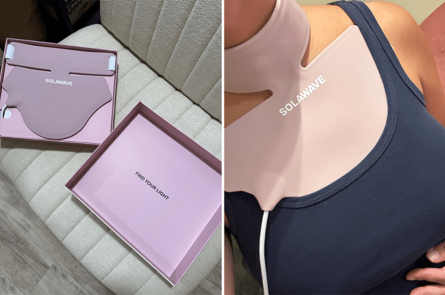 Left: Solawave's neck and chest mask in the box; Right: Sam using Solawave's neck and chest mask. Photos: Samantha Leal.