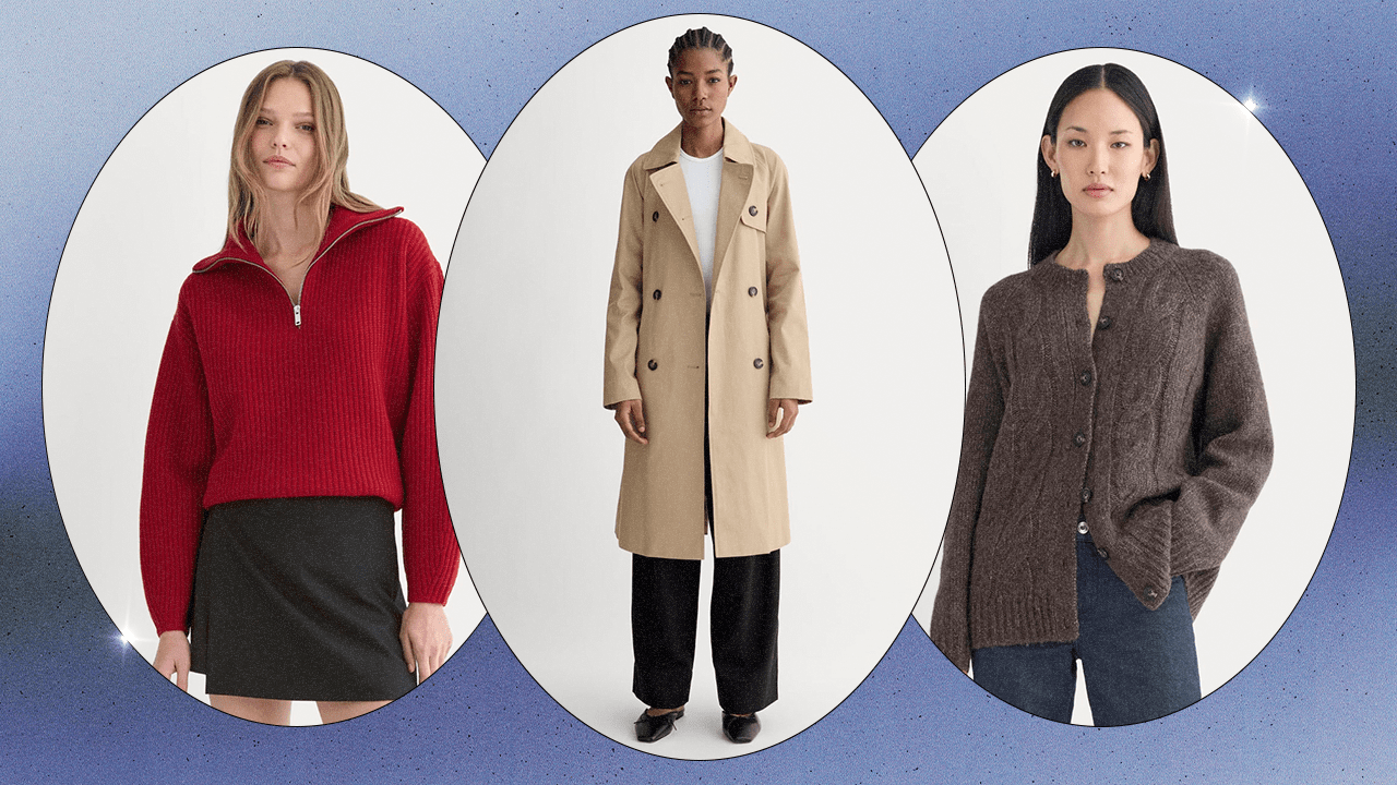 Left to Right: an Everlane model wearing a red half-zip sweater; an Everlane model wearing a beige trench coat; an Everlane model wearing a brown cardigan sweater.