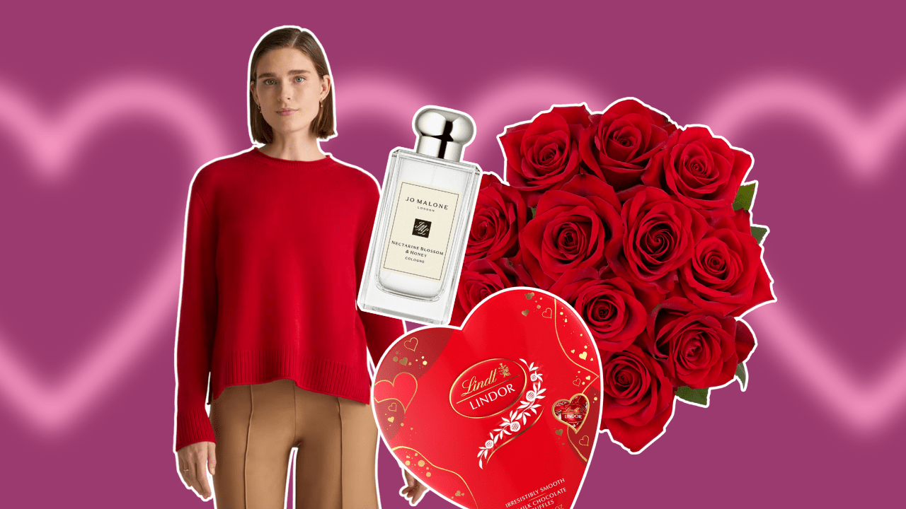 A purple background with pink airbrushed hearts, featuring a woman in a red sweater, a heart-shaped box of chocolates, a perfume bottle, and roses.