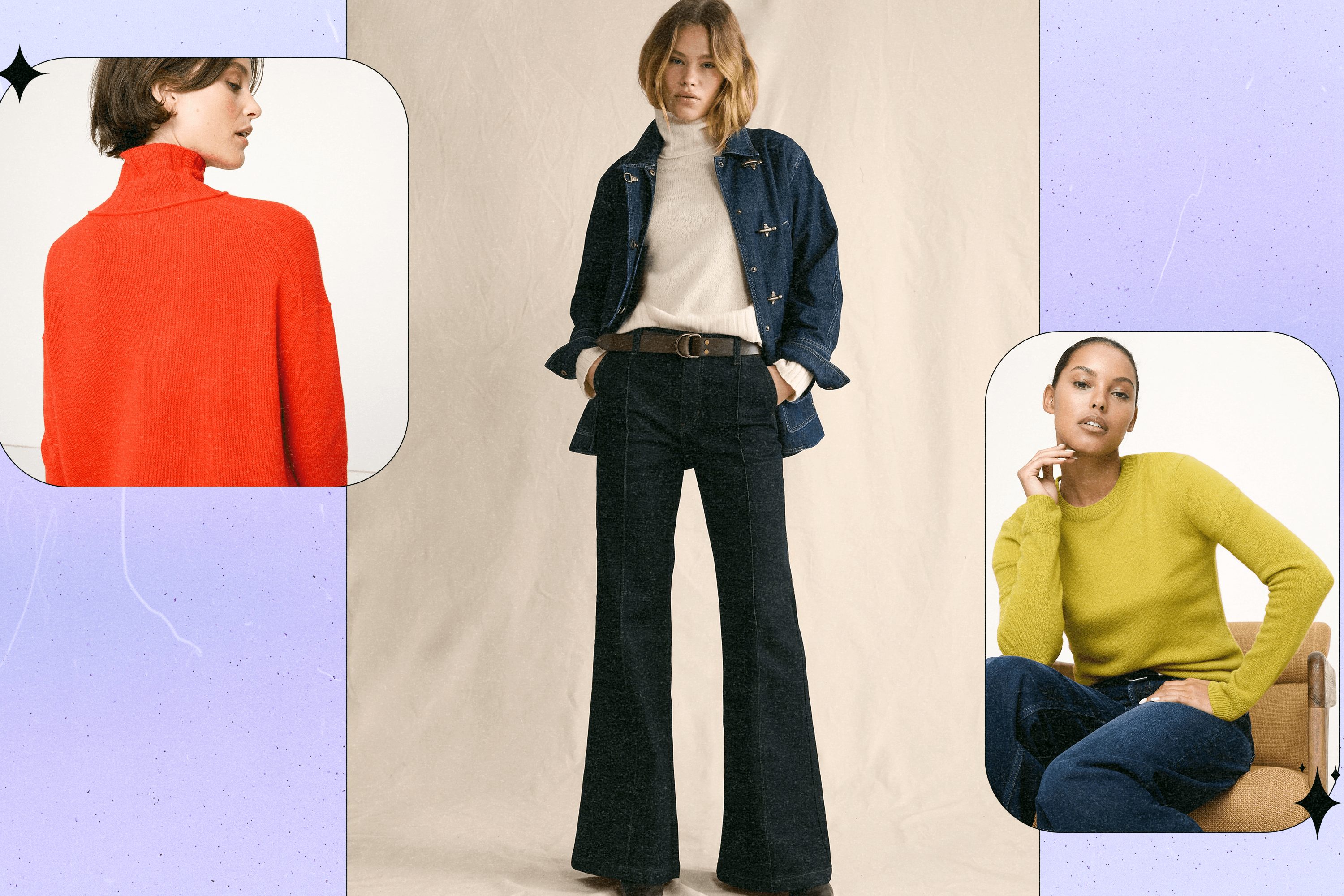 Left to Right: a Banana Republic model wearing a bright red-orange turtleneck sweater; a Banana Republic model wearing a denim jacket, an off-white turtleneck sweater and dark rinse flared jeans; a Banana Republic model wearing a green-yellow sweater and jeans.
