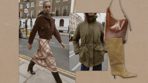 Left to Right: a Zara model wearing a brown jacket and patterened satin midi skirt; a Zara model wearing a mid-length army green jacket; a Zara brown leather bucket bag; a Zara khaki green knee-high boot with a low heel.