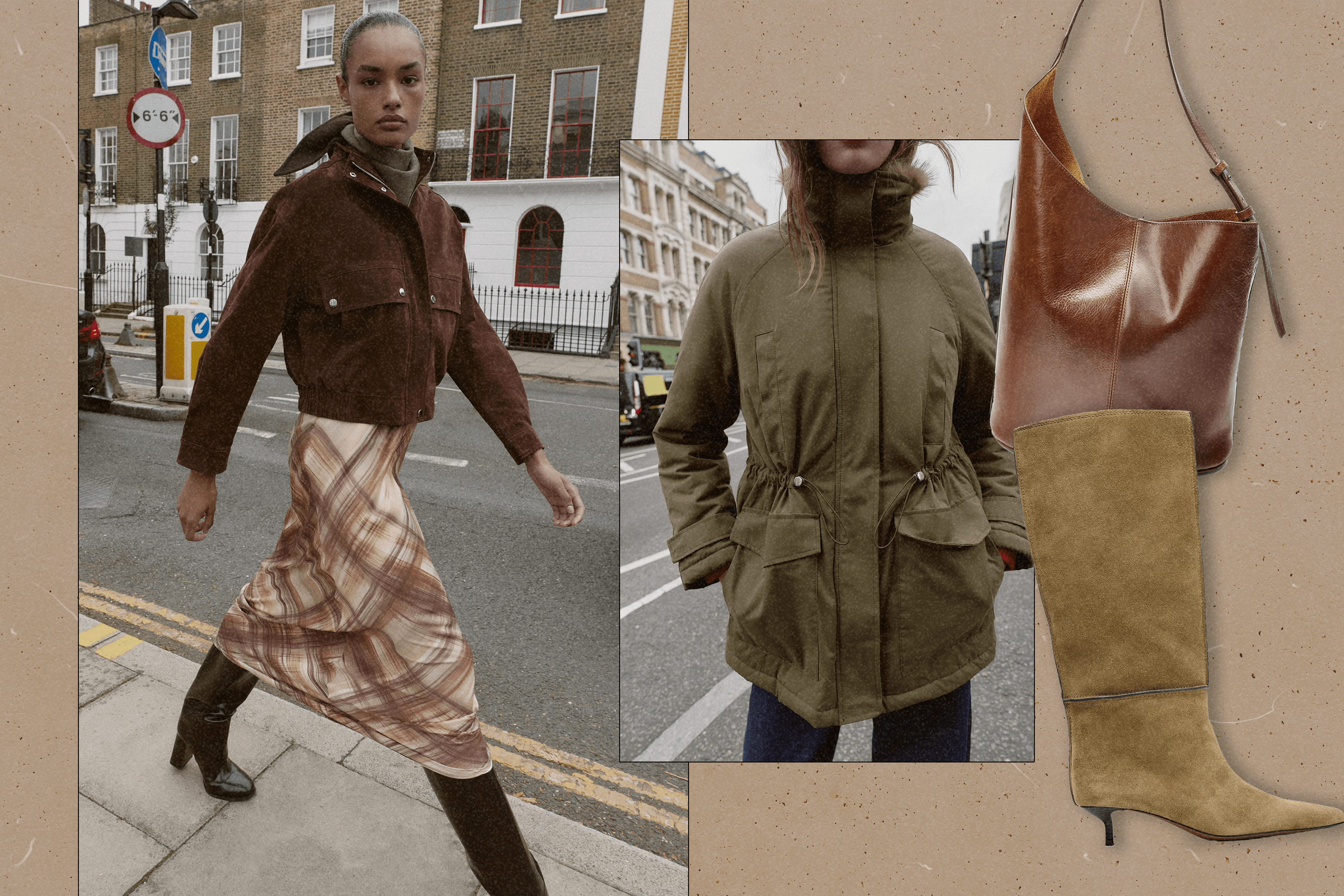 Left to Right: a Zara model wearing a brown jacket and patterened satin midi skirt; a Zara model wearing a mid-length army green jacket; a Zara brown leather bucket bag; a Zara khaki green knee-high boot with a low heel.