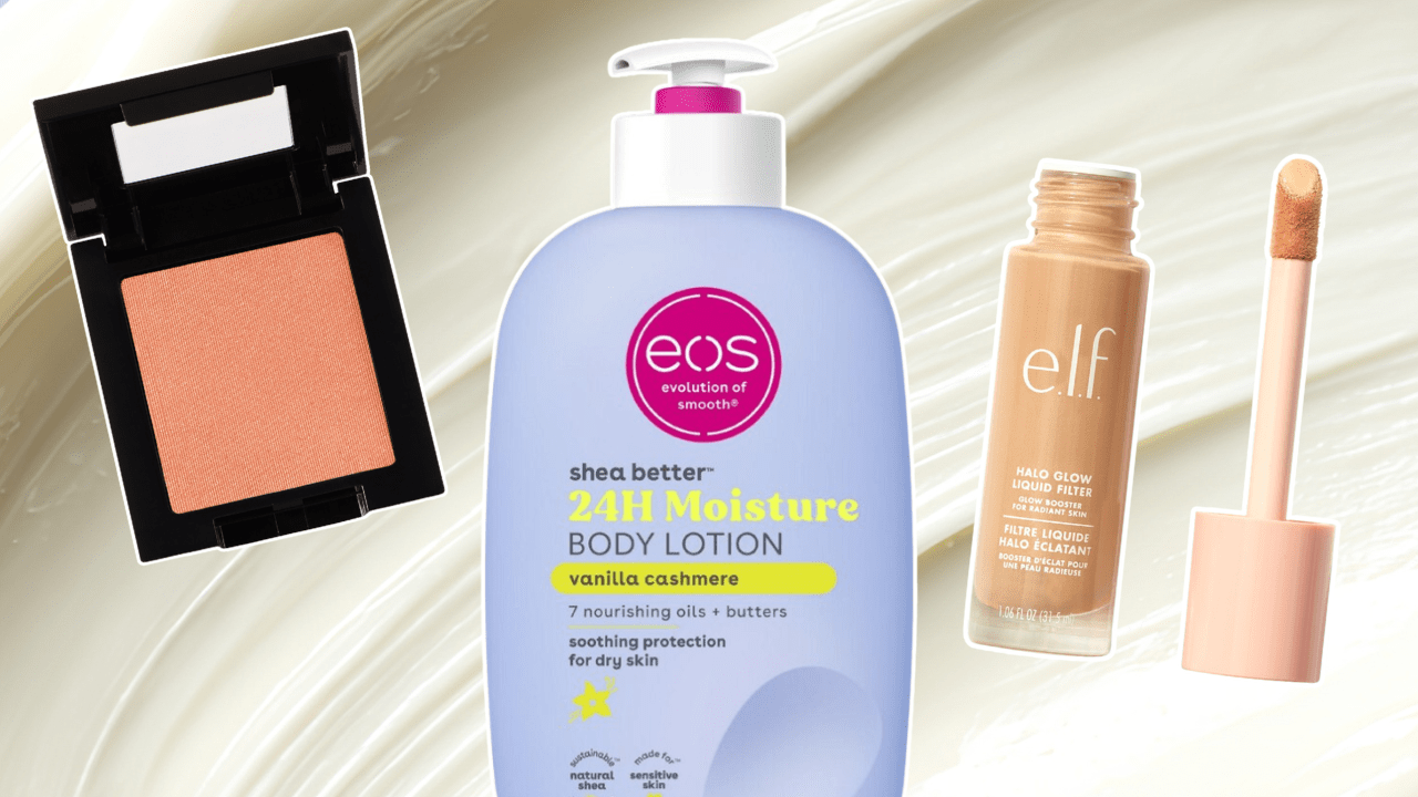 A white background with a eos lotion bottle, e.l.f. concealer, and blush compact