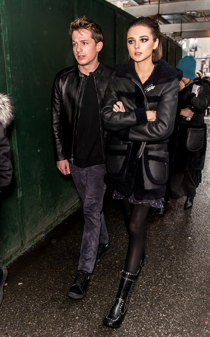 NEW YORK, NY - FEBRUARY 12:  Singer-songwriter Charlie Puth and singer Charlotte Lawrence are seen leaving the Coach 1941 fashion show at the NYSE during New York Fashion Week on February 12, 2019 in New York City.