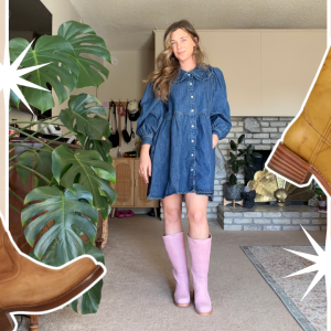 A collage of a woman in a blue denim dress wearing the pink Frye Campus boots, with two pairs of Frye Boots in brown and banana yellow layered over.