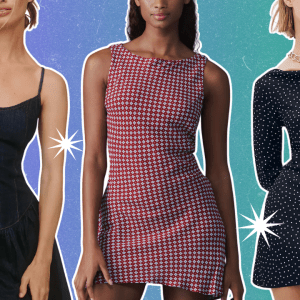 A green and blue background with three women in dresses.