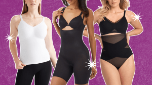 A purple background with three women wearing shapewear.