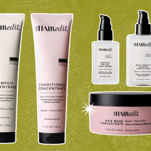 A green background with five haircare products from The Hair Edit